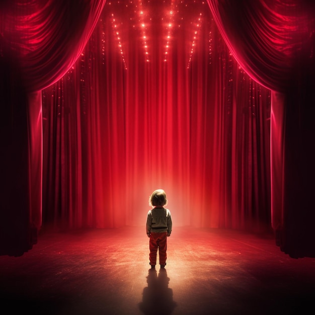 Arafed obraz dziecka stojącego przed sceną z czerwonymi zasłonami generatywny ai