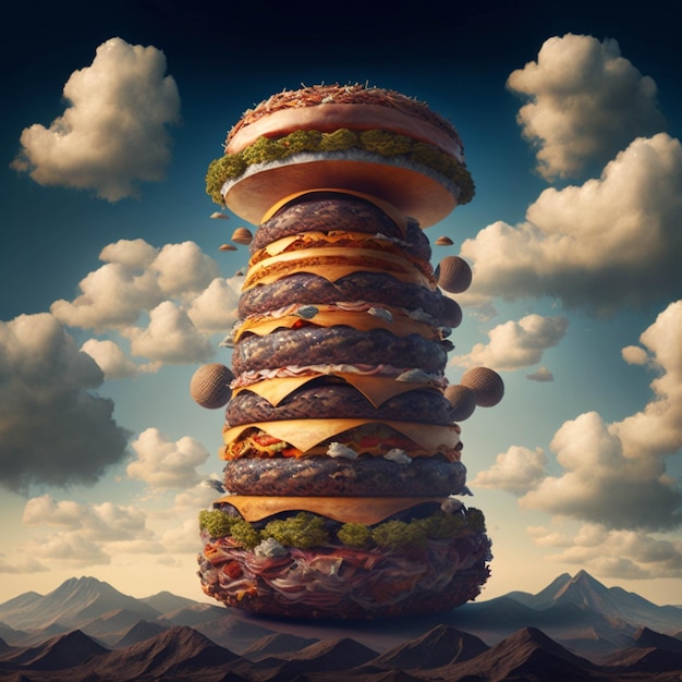 Arafed obraz gigantycznej wieży z hamburgerami pośrodku pustynnej generatywnej ai