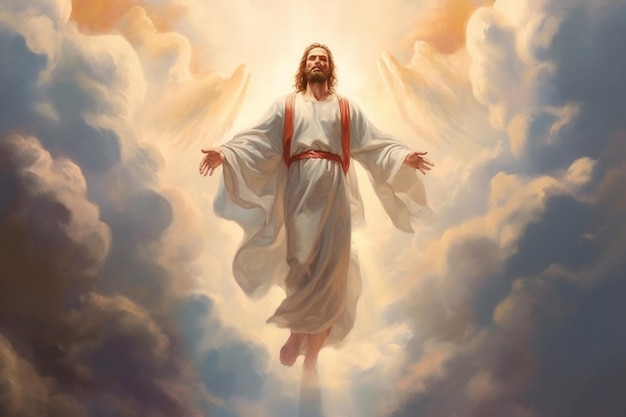 arafed obraz Jezusa w chmurach z wyciągniętymi ramionami generatywnej ai