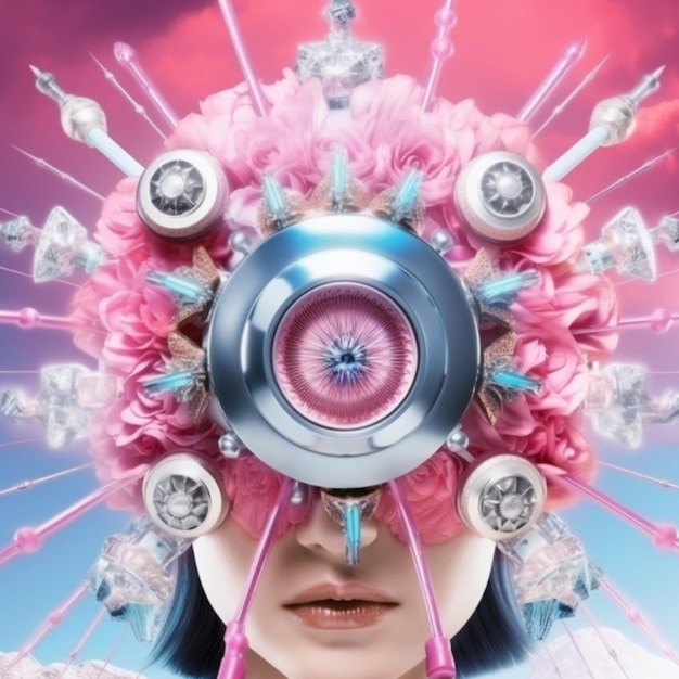 Zdjęcie arafed obraz kobiety z różowym kwiatowym nakryciem głowy i obiektywem kamery generatywny ai