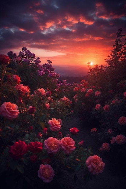 arafed obraz pola róż z zachodem słońca w tle generatywny ai