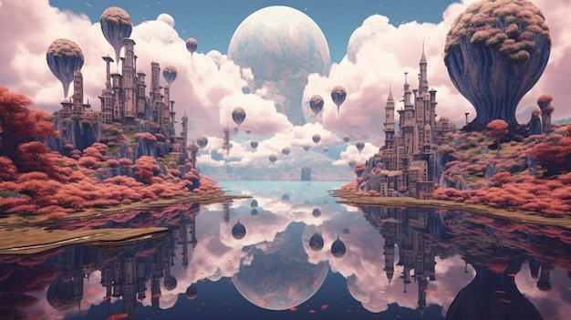 Arafed obraz surrealistycznego krajobrazu z generatywnym jeziorem i balonami