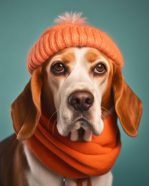 Arafed pies noszący dziany pomarańczowy kapelusz i szalik generatywny ai