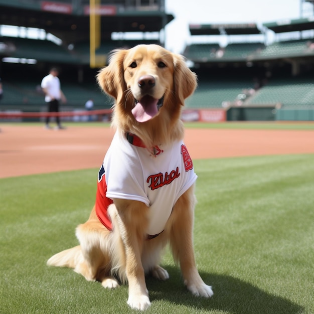 Arafed pies w koszulce baseballowej siedzący na boisku baseballowym generatywnym AI