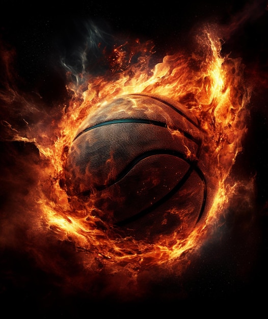 Arafed piłka koszykówki w płomieniach z czarnym tłem generatywny ai