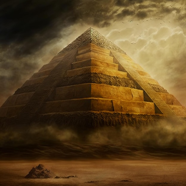 Arafed piramida na pustyni z chmurnym niebem generatywny ai