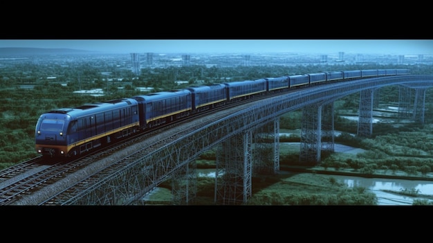 Zdjęcie arafed pociąg na torze z mostem w tle generatywna ai