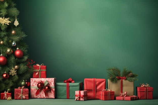 Arafed prezenty bożonarodzeniowe i choinka z zielonym tłem generatywny ai