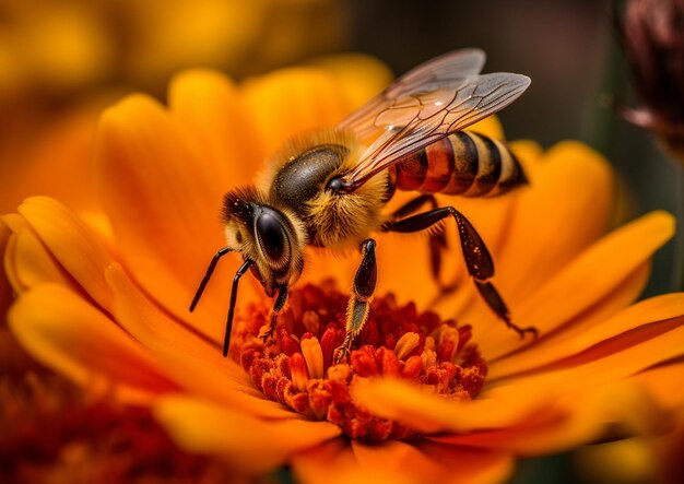 Arafed pszczoła na kwiatku z generatywnym ai żółtym tłem