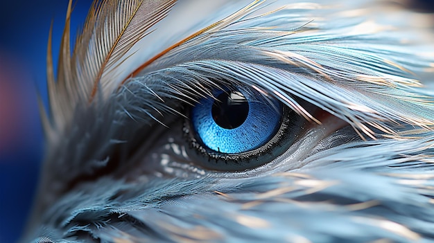 Arafed ptak z niebieskimi oczami i piórami, patrząc na aparat generatywny ai