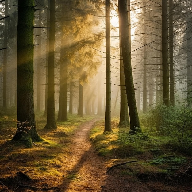 Arafed ścieżka w lesie z słońcem świecący przez drzewa generatywny ai