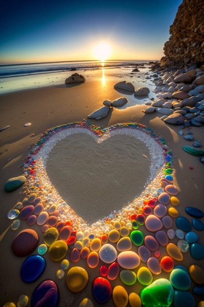 arafed serce wykonane z kamyków na plaży o zachodzie słońca generatywnej ai