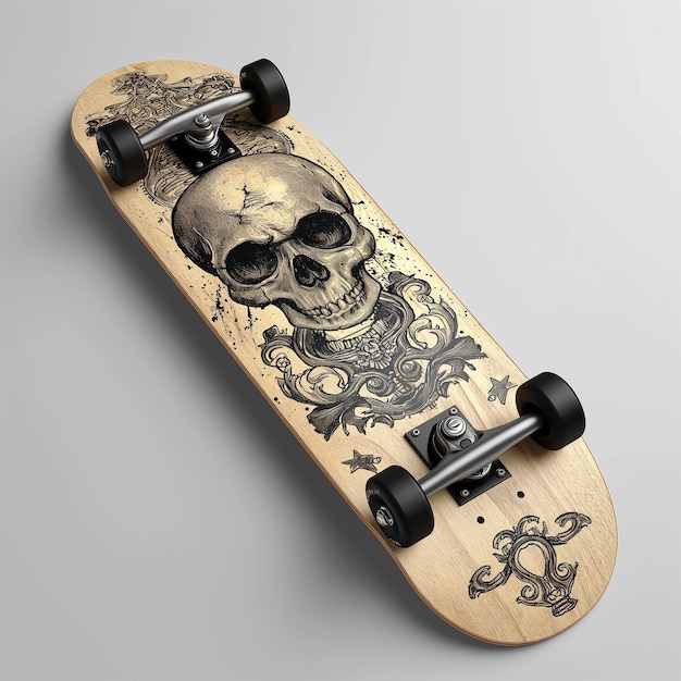 Arafed skateboard z czaszką i koroną na nim Mockup Design