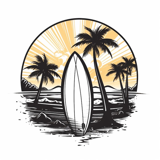 Arafed surfboard na plaży z palmami i zachodem słońca generatywny ai