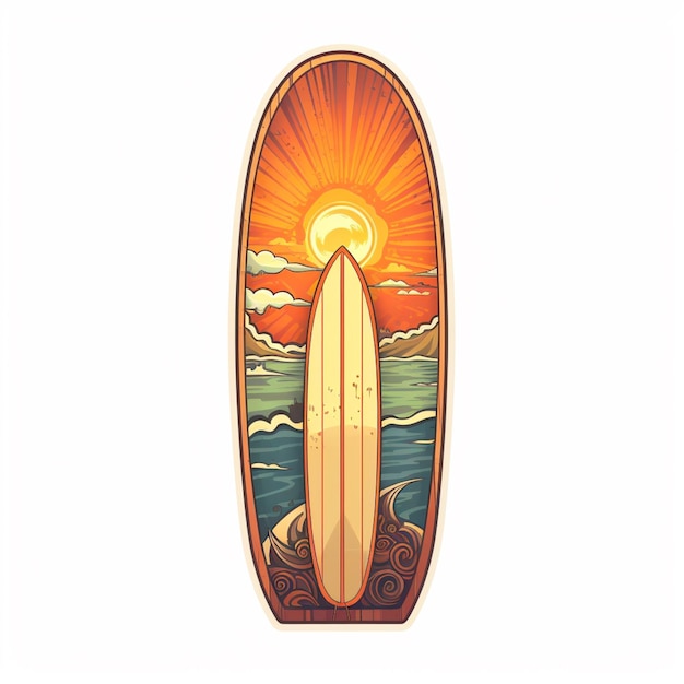 arafed surfboard z sceną zachodu słońca na nim generatywny ai