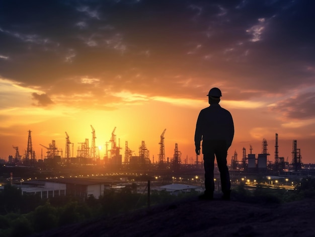 Arafed sylwetka człowieka stojącego na wzgórzu z widokiem na dużą rafinerię ropy generatywny ai