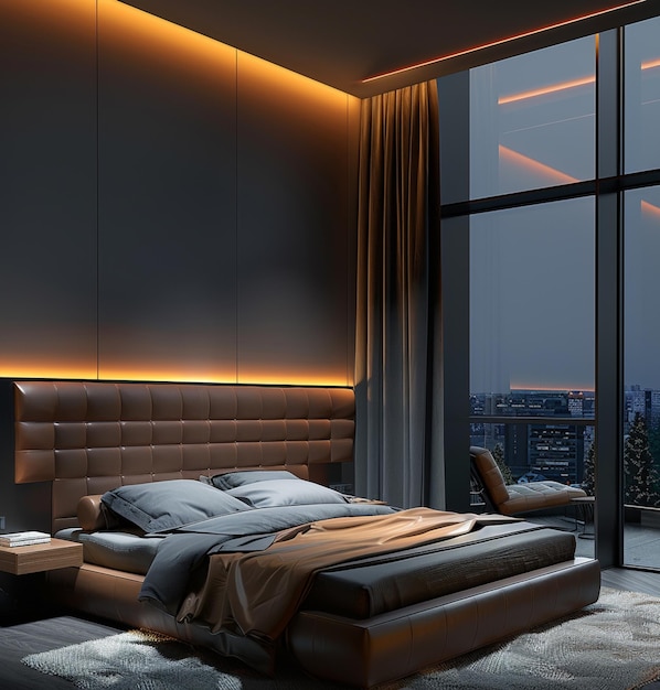 Arafed sypialnia z dużym łóżkiem i dużym oknem generatywny ai