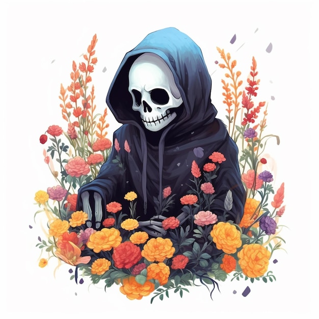 Arafed szkielet w czarnej bluzie z kapturem siedzi w polu generatywnych kwiatów ai