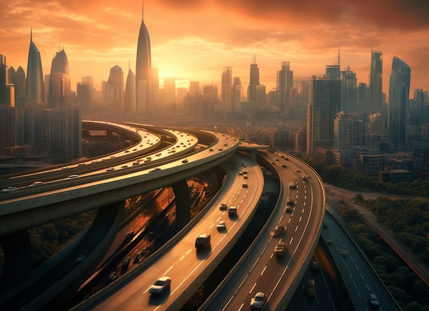 Arafed widok autostrady z wieloma pasami i miastem w tle generatywny ai