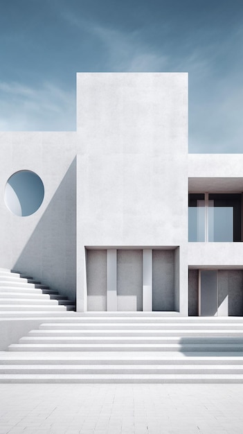 Arafed widok białego budynku ze schodami prowadzącymi do niego generatywny ai