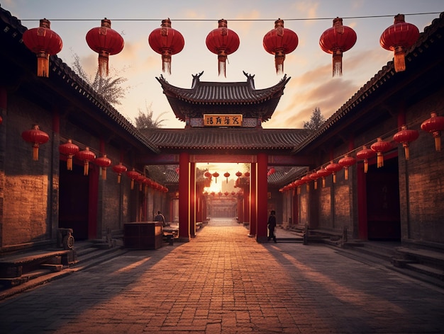 Arafed widok chińskiego dziedzińca z latarniami i ławką generatywną ai