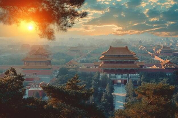 Arafed widok chińskiego miasta z zachodem słońca w tle generatywny ai