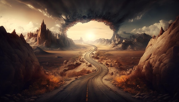 Zdjęcie arafed widok drogi biegnącej przez pustynię z generatywnym tunelem ai