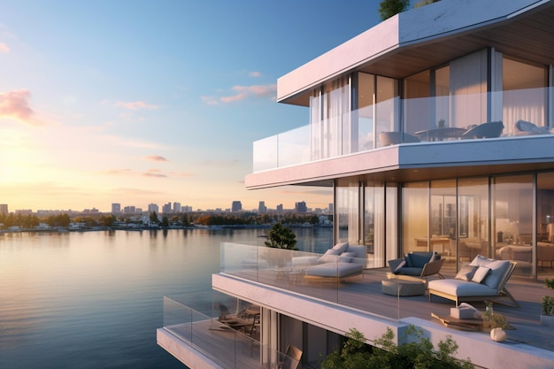 Arafed widok dużego nowoczesnego mieszkania z widokiem na jezioro generatywny ai
