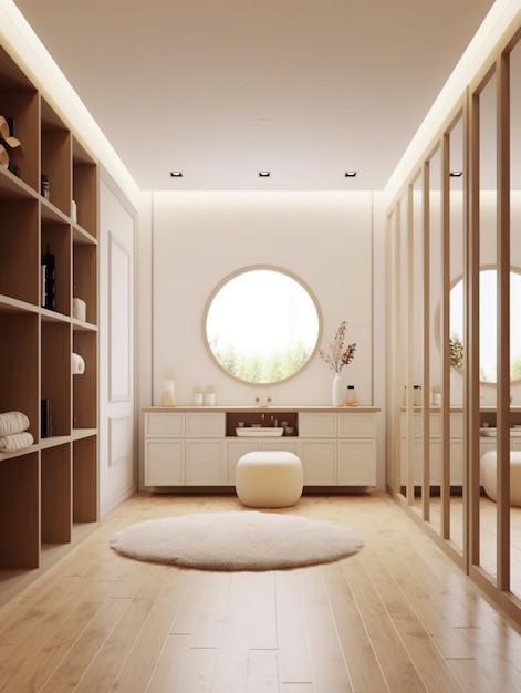 Arafed widok łazienki z okrągłym lustrem i białym dywanem generatywny ai