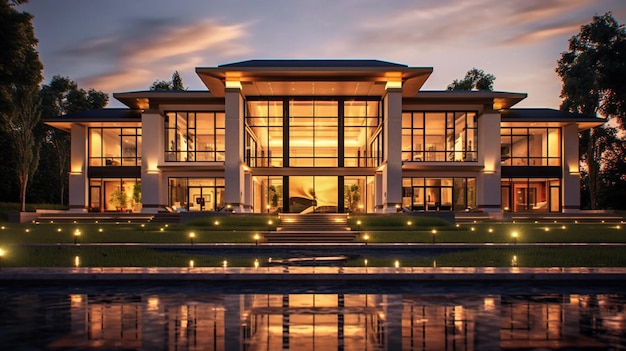 arafed widok na duży dom z basenem i światłami generatywnymi ai