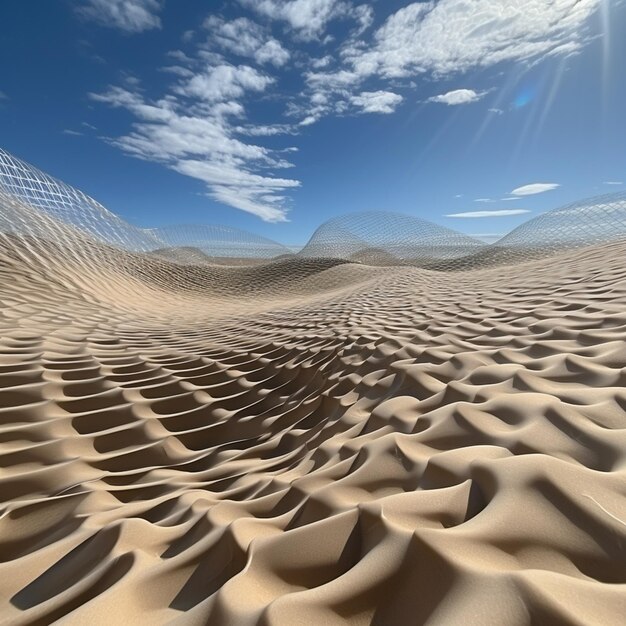 arafed widok na pustynię z płotem z siatki i górami w oddali generatywnej ai