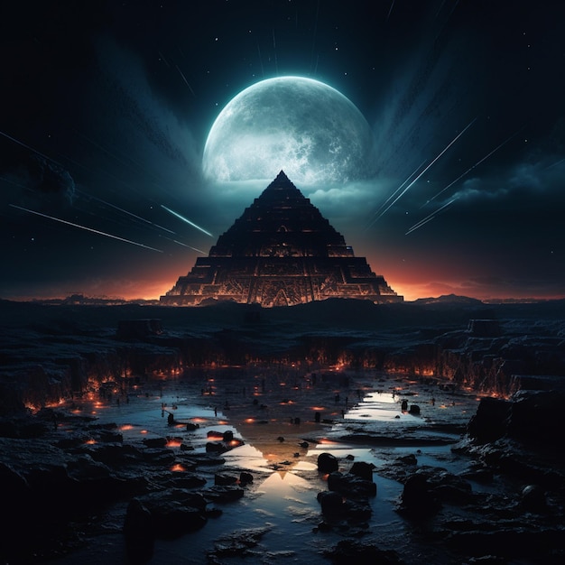 Arafed widok piramidy z pełnią księżyca w tle generatywny ai