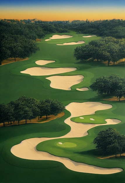 Arafed widok pola golfowego z zielonymi i białymi bunkrami generatywnymi ai