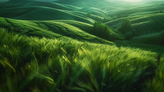 arafed widok pola z zieloną trawą z słońcem świecącym w tle generatywny ai