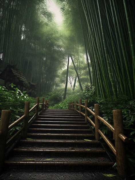 Arafed widok ścieżki prowadzącej do generatywnego lasu bambusowego