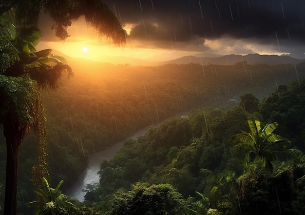 Arafed widok tropikalnego lasu deszczowego z deszczem spadającym generatywnie ai
