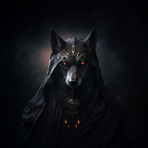 Arafed wilk z czerwonymi oczami i płaszczem na ciemnym tle generatywnej ai