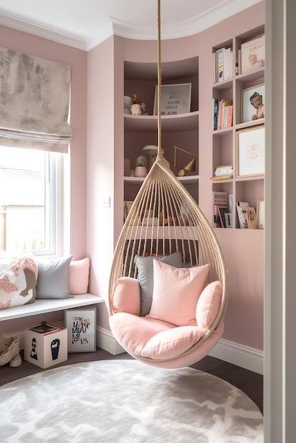 arafed wiszące krzesło w różowym pokoju z oknem generatywnym ai