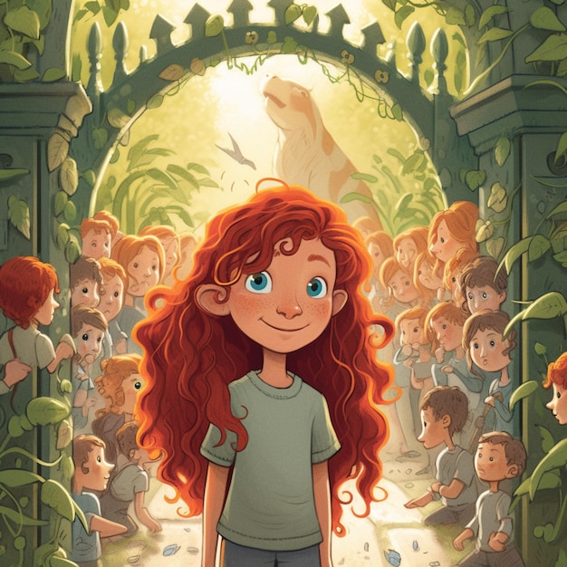 Arafed wizerunek dziewczyny z rudymi włosami stojącej przed tłumem dzieci generatywnych ai
