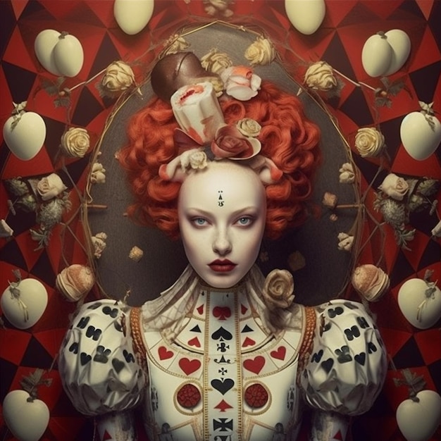 Arafed wizerunek kobiety z czerwonymi włosami i koroną serc generatywny ai