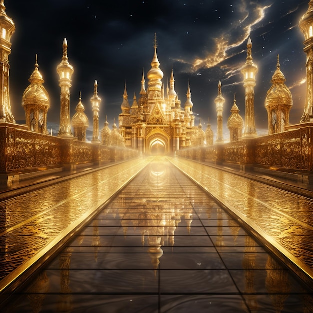 arafed wizerunek złotego pałacu z fontanną i wieżą zegarową generatywny ai