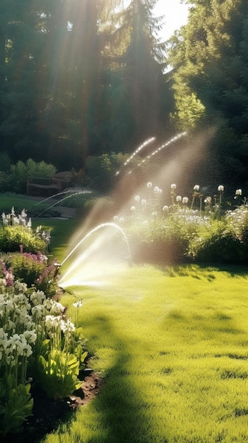 arafed zraszacz rozpylający wodę na trawnik z kwiatami generatywną ai