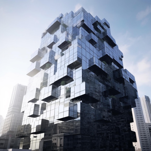 arafedowy obraz budynku z wieloma oknami i generatywną sztuczną inteligencją na tle nieba