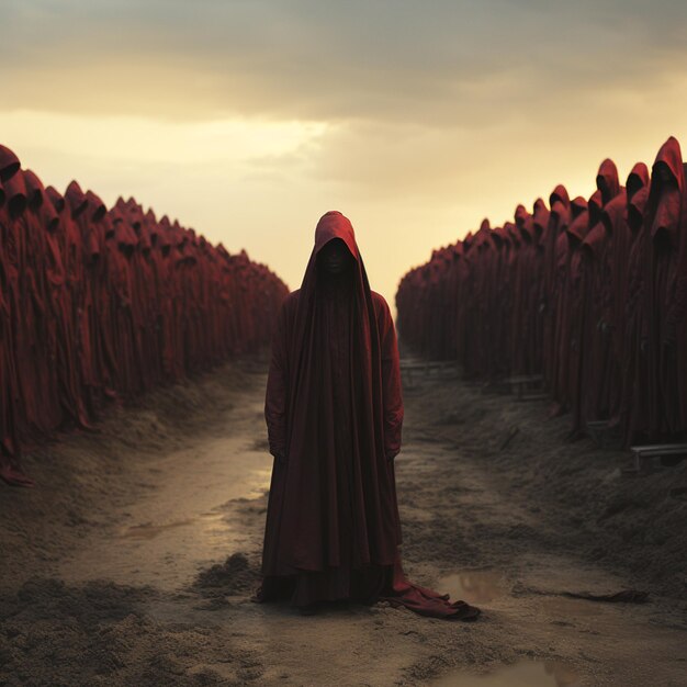 arafedowy obraz osoby w czerwonej szacie stojącej w rzędzie generatywnej AI w czerwonych kapturach