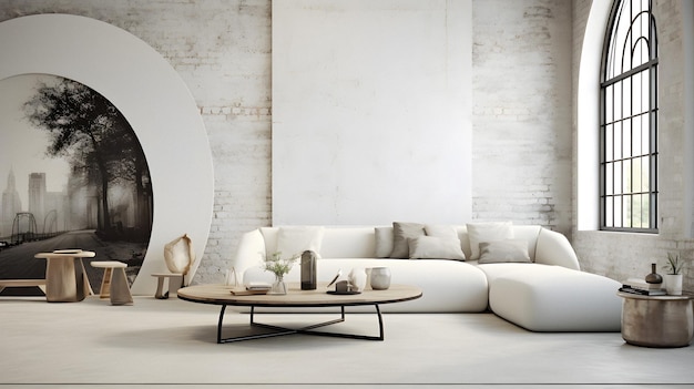 arafedowy pokój z białą kanapą i stolikiem kawowym Generative AI