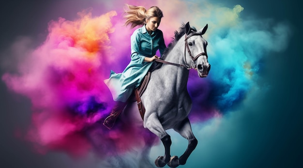 Zdjęcie araffe jeździ na koniu z kolorowym dymem na tle generatywny ai