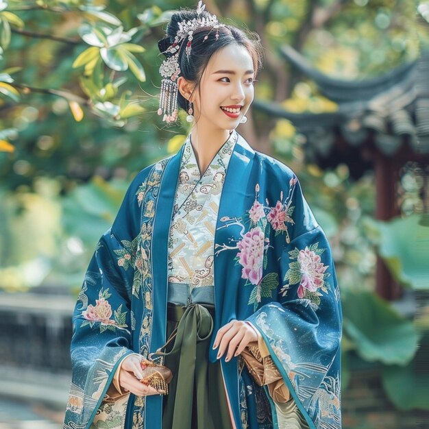 Araffe kobieta w niebieskim kimono z zieloną wstążką generatywna ai