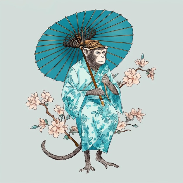 Araffe ubrany w kimono z niebieskim parasolem i kwiatami generatywny ai