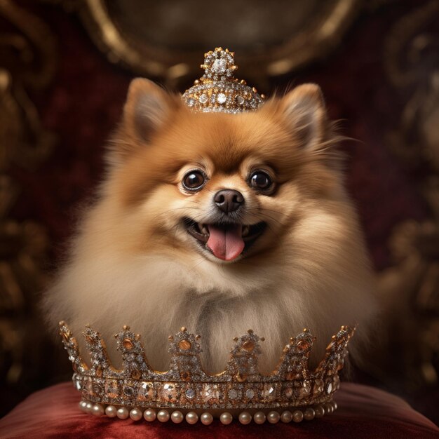 Araffy pies noszący tiable i koronę na czerwonej poduszce generatywny ai