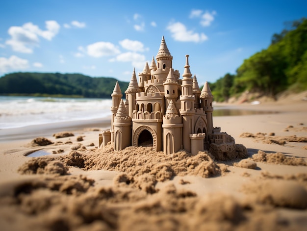 arafly zaprojektowany zamek piaszczysty na plaży z niebieskim niebem generatywny ai